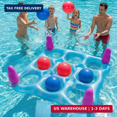 2 in 1 Pool Toys Games Set Inflatable Pool Float with 10 Balls & 8 Rings Tic-Tac