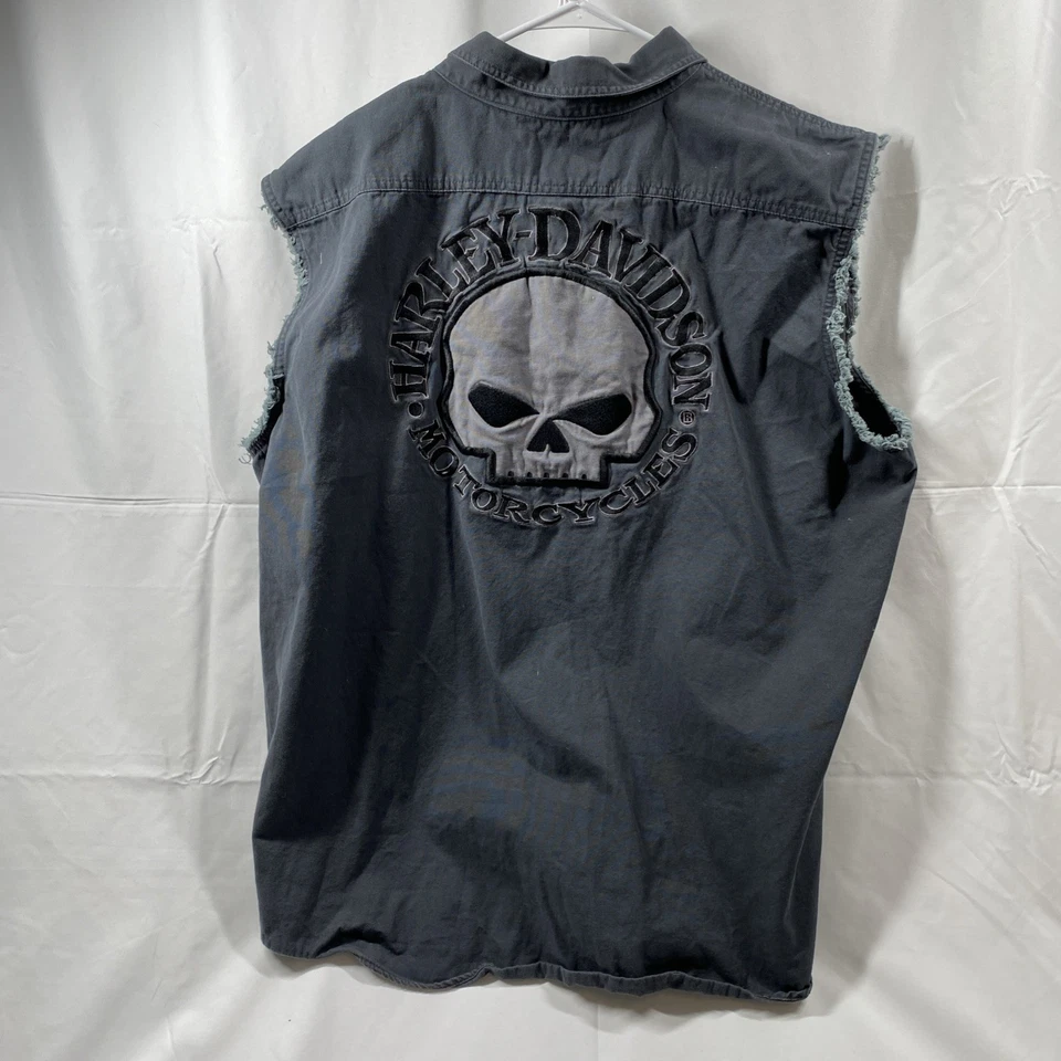 Harley Davidson Cut Off Button Down Shirt Vest Gray Biker Skull Men’s 3XL - Image 2 of 4
