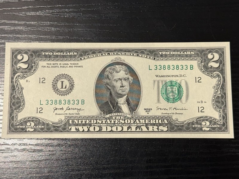 2017A $2 DOLLAR FANCY BINARY 3's & 8's - GEM UNC SN L 33883833 B