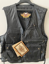 VINTAGE 1990 s NWT USA MADE Harley Davidson Black Leather Cargo Vest Size L