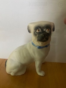 antique bisque Pugdog pair with blue collar