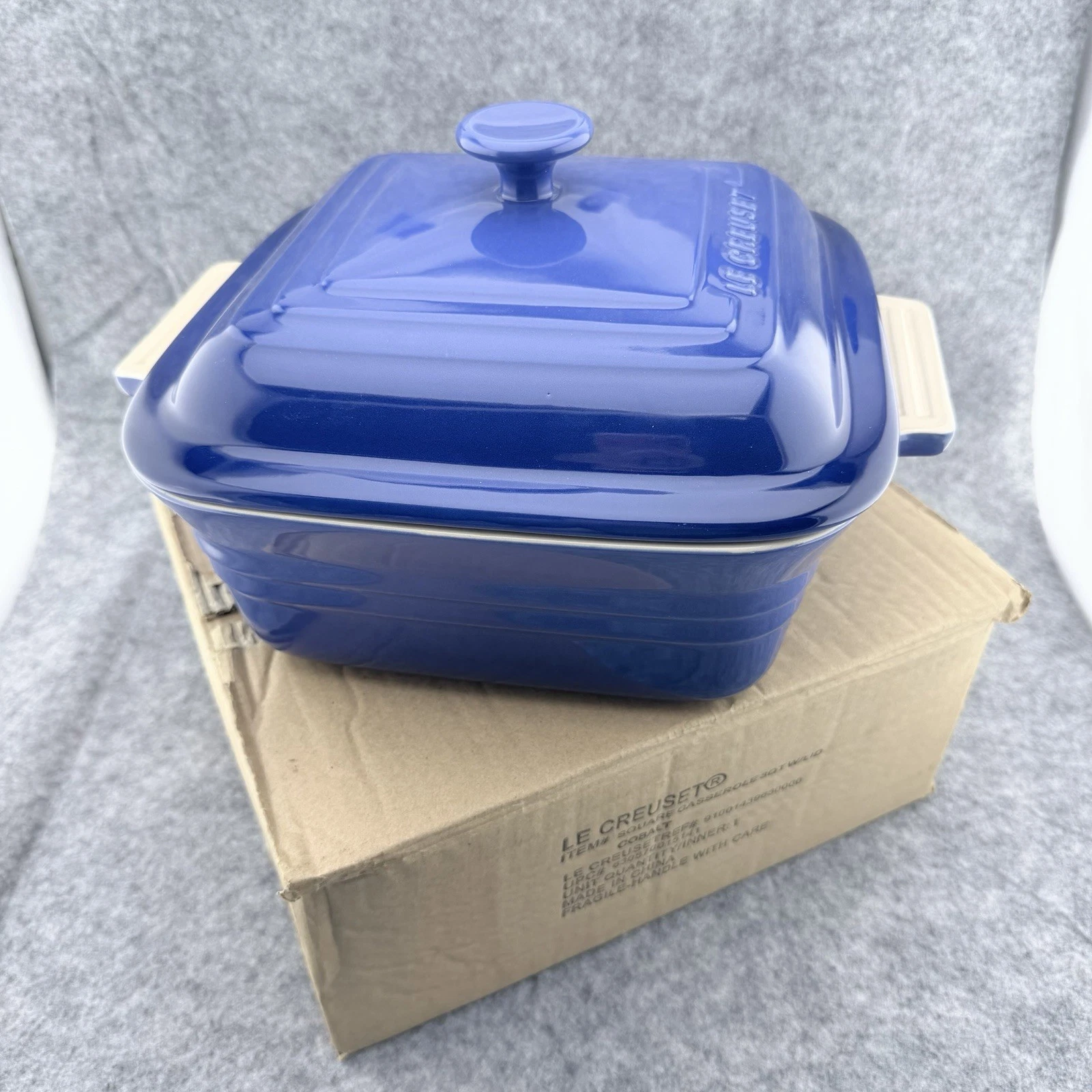 Le Creuset 3-Qt Cobalt Blue Stoneware Square Casserole Baking Dish With Lid NEW