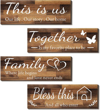 Rustic Wooden Wall Art Set - Family, Together, Bless This Home, 4 Pieces