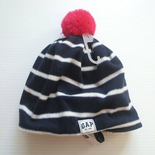 GAP Kids Girl White Navy Blue Stripe With Pink Pom Beanie Hat - Size S/M - NWT