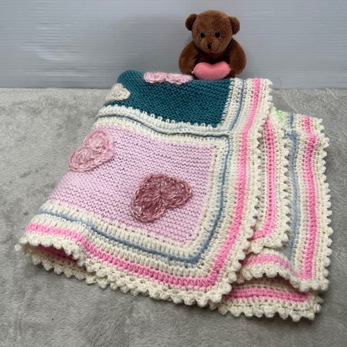 Handmade Crochet Knit Baby Blanket Throw Pram Cover Heart Applique Homemade - Picture 2 of 10