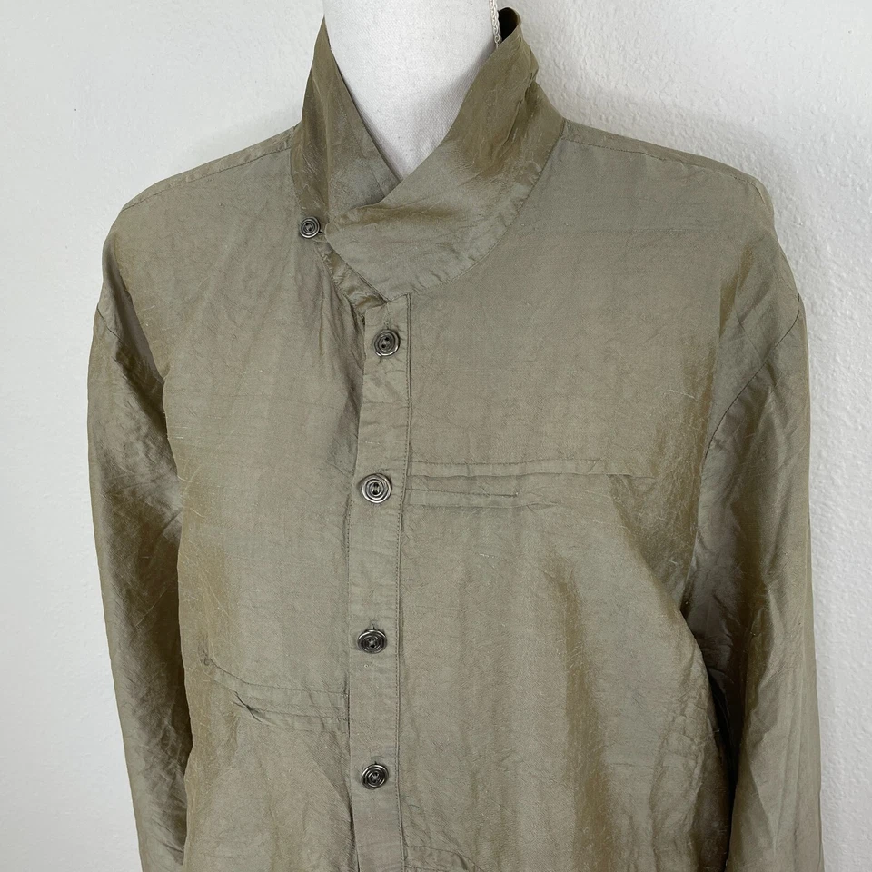 FLAX 100% 真丝衬衫上衣 L 码艺术穿长袖 Lagenlook 米色绿色 — 第 2/4 张图片