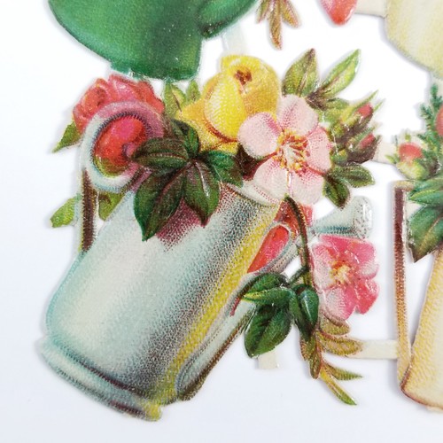 Victorian Die Cut Scrap Watering Can Rose Flowers Set Of 4 - Picture 4 of 8