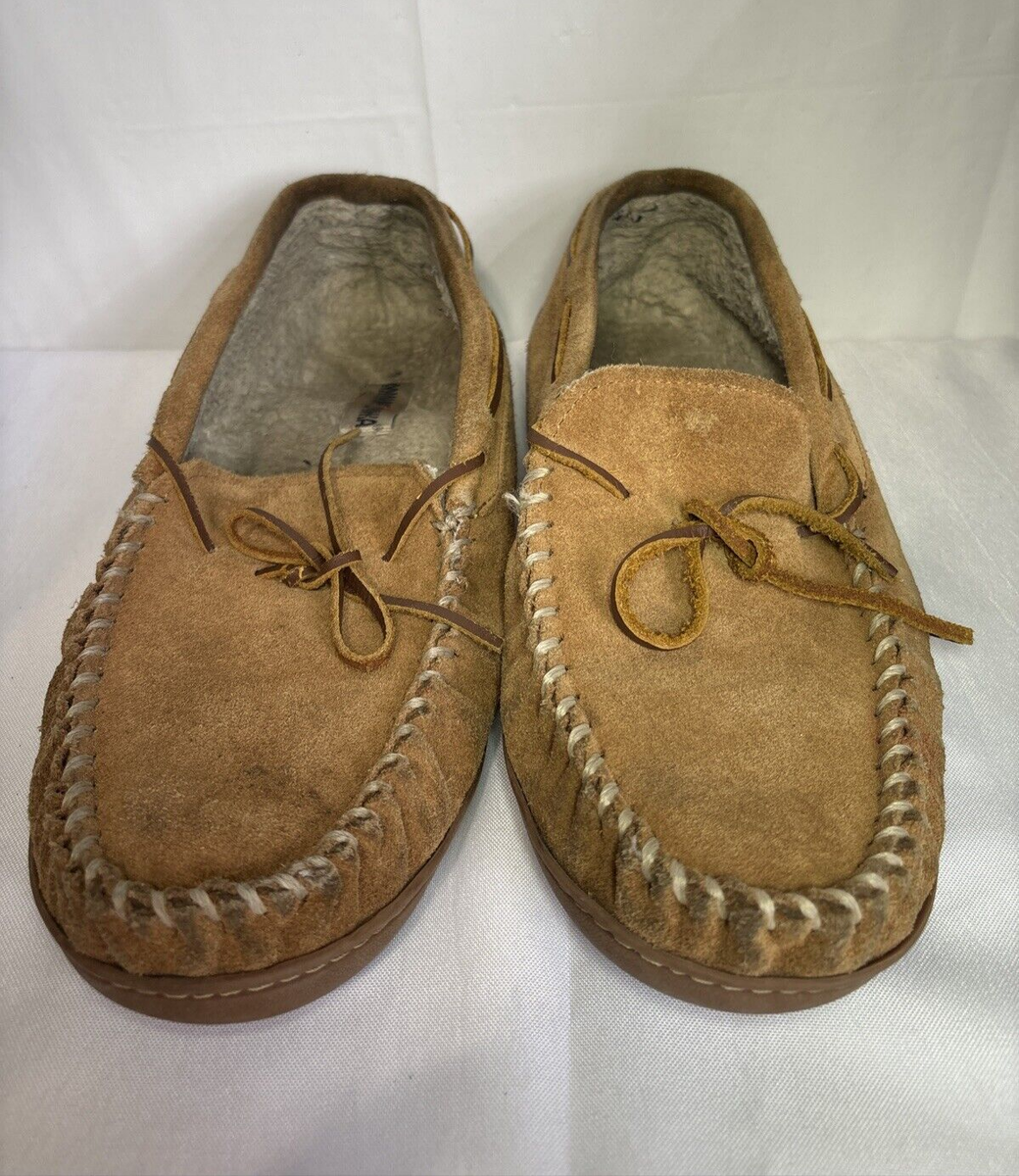 Minnetonka Men's Size 12 Leather Upper Hardsole Slipper Lace Tan Beige  Mocassin