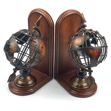 Set of Globe Arrows Book Ends Metal & Wood Large Heavy Table Top Decor Vintage