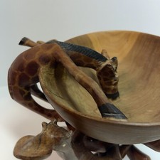 Vintage Hand Carved Giraffe Drinking From A Bowl On 4 Legged Wood Stand. ALST