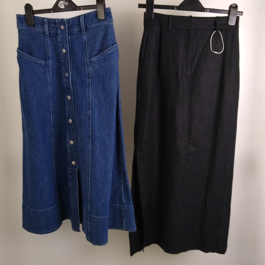 M&S Women's 2Pc Midi Skirts Size 6 REG Indigo Snap Up Denim/Black Linen Rich NEW