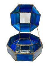 VINTAGE BEAUTIFUL BLUE STAINED GLASS HEXAGON JEWELRY OR TRINKET BOX ART GLASS