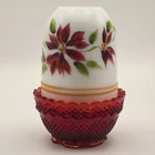 Fenton Glass Fairy Lamp White Poinsettia Top w/ Ruby Red Base by Sue Jackson
