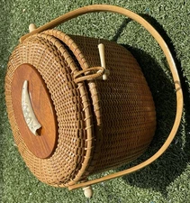 Vintage Wicker Sewing Basket w Wood Lid & Jeweled Handle Monogram FDB 9”