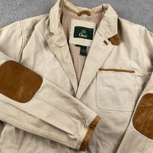 VINTAGE Orvis Jacket Mens Large Beige Chore Barn Hunting Elbow Patches Field 90s