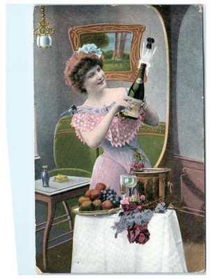 Vintage 1913 Lithograph Postcard Woman Popping Champagne Bottle