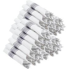 400PCS Pre Rolled Silver Plastic Silverware Sets - Heavy Duty Silver Cutlery ...