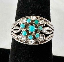 Mexico Sterling Silver Ring w Turquoise Color Beads and Rhinestones  Sz. 6.5