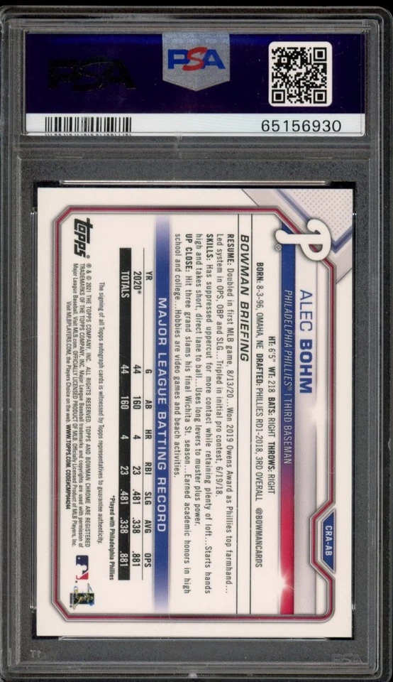 2021 Bowman Chrome Alec Bohm Gold Rookie Auto /50 PSA 9 - Image 2 of 2