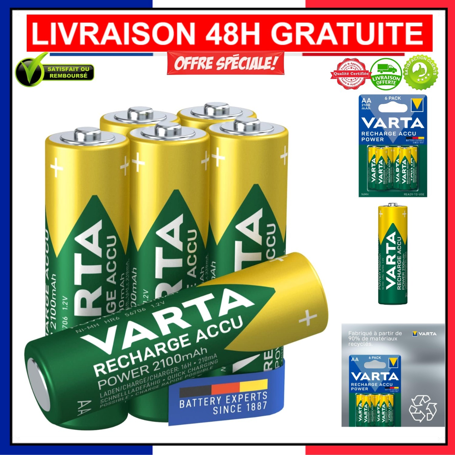 Piles AA Ni-Mh VARTA fini les pannes de batterie avec ces accumulateurs 2100 mAh x6