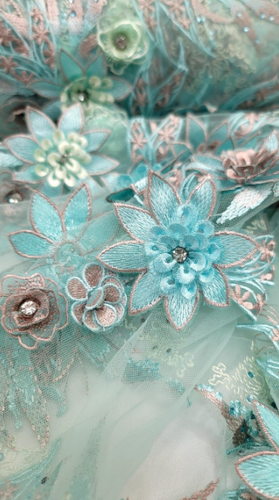 3d Mint Floral Lace Embroidery Rhinestones Blush Flowers Fabric By The Yard