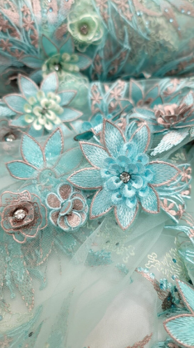 3d Mint Floral Lace Embroidery Rhinestones Blush Flowers Fabric By The Yard - Afbeelding 1 van 9