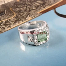 Natural Green Amethyst Gemstone with 18K White Gold Plated Silver Mens Ring #306
