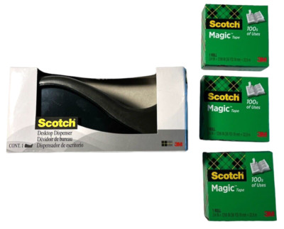 Scotch 3M Desktop Dispenser 3 Rolls Magic Tape Black Office Work Handy School