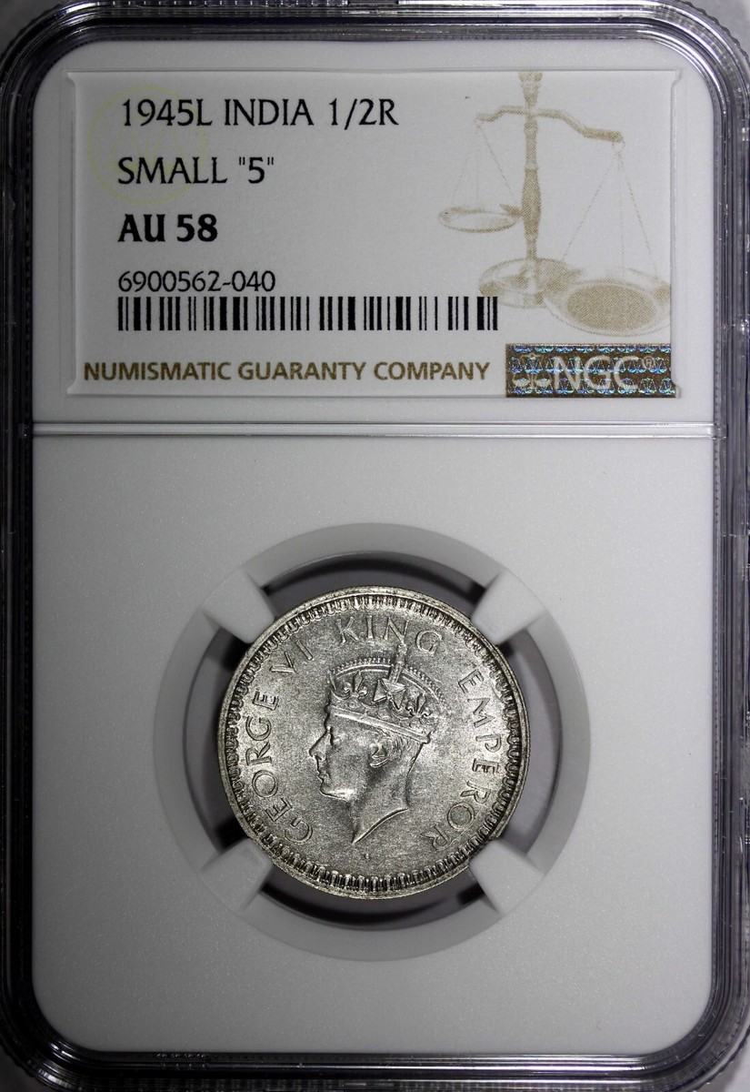 India-British George VI Silver 1945 (L) 1/2 Rupee Small 