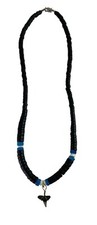 Vintage Black  Blue Beaded Necklace With Shark Tooth Pendant Surfer Beach