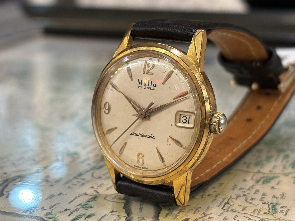 Men’s Vintage Mudu Doublematic Sword Hands Date Function Gold Plated Watch