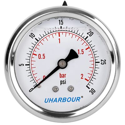Glycerin Filled Low Pressure Gauge 30psi/2bar Stainless Steel case Brass Insi...