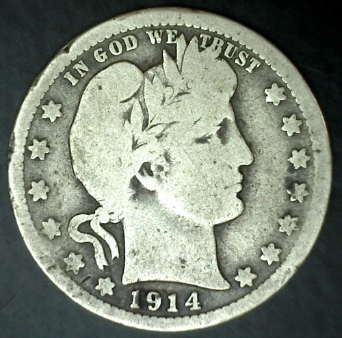 1914 D Silver Barber Quarter Circulated 25c US Coin Denver Mint Good Condition