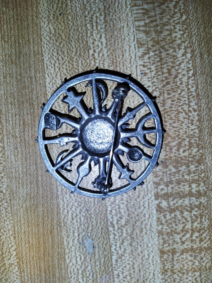 Vintage JJ Jonette Signed Celestial Brooch Pin Pewter Gold Tone Sun Moon Stars - Image 2 of 3