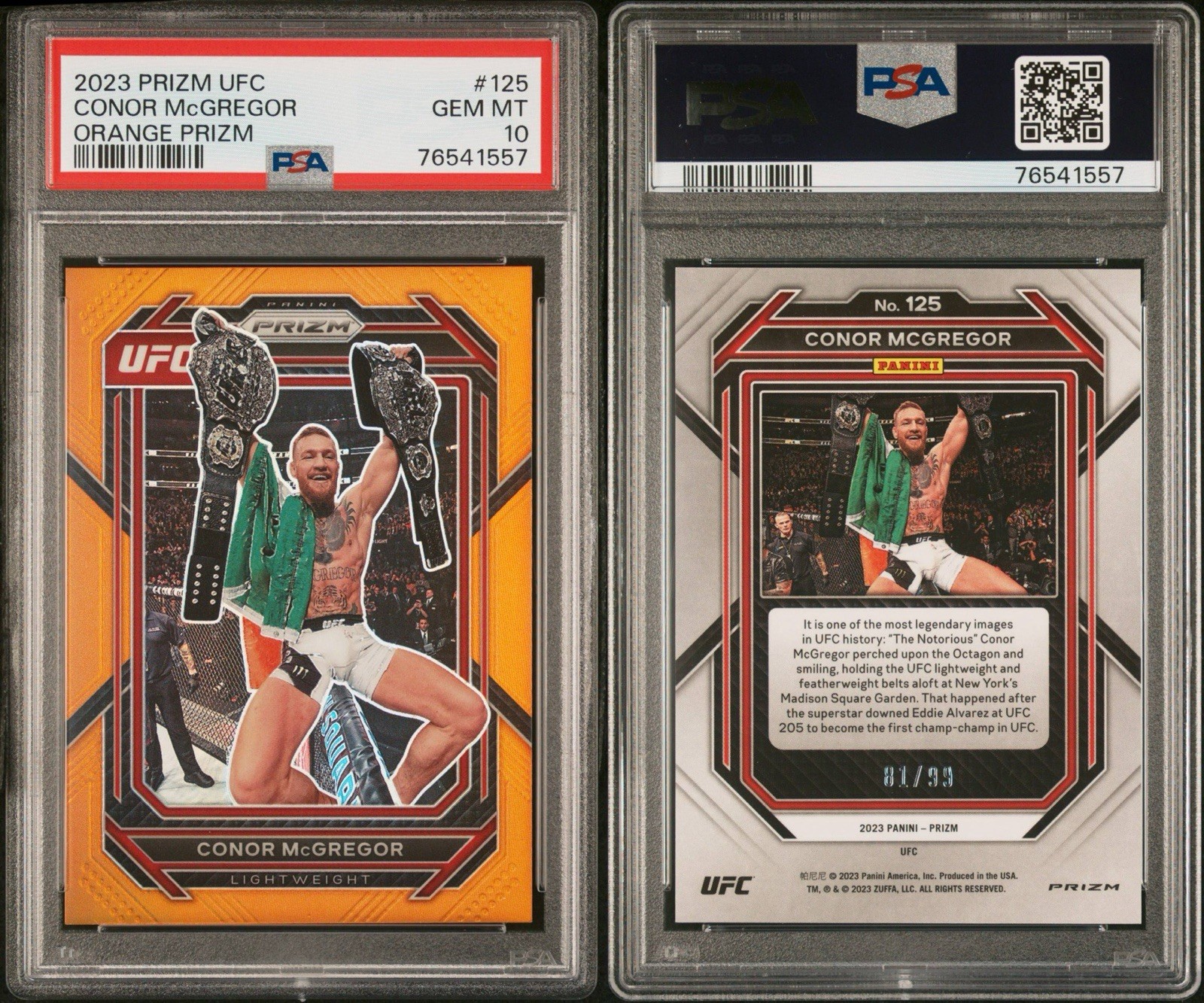 2023 Panini Prizm UFC Conor McGregor #125 Orange Prizm 01/99 PSA 10 Color Match view 3