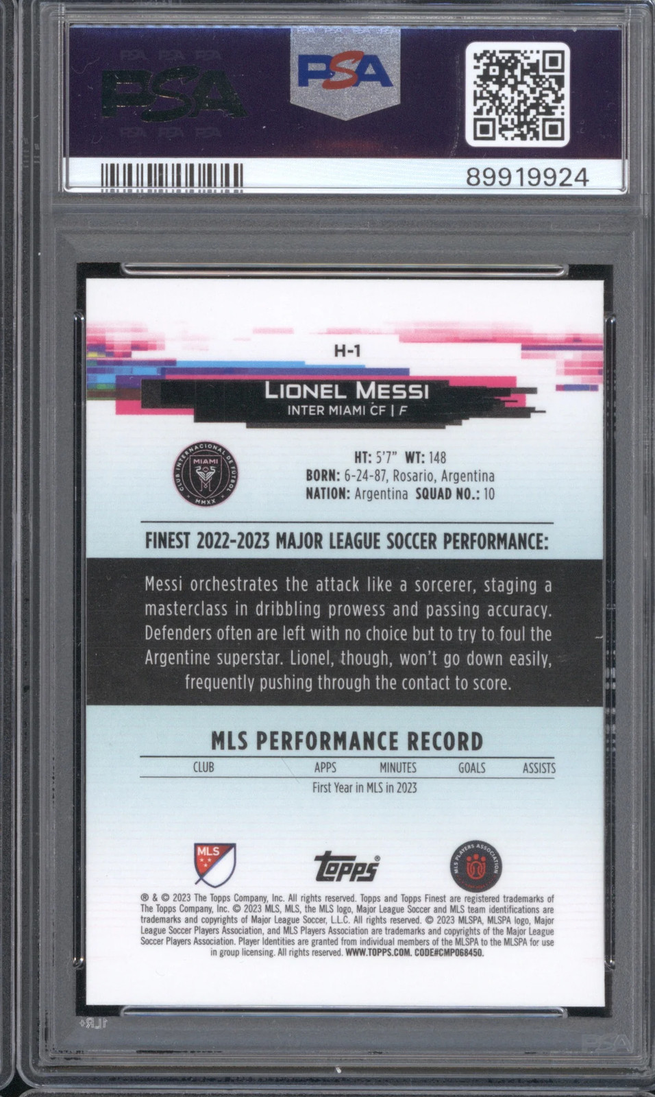 LIONEL MESSI 2023 TOPPS FINEST MLS HOLOGLOW #H1 PSA 10 view 2