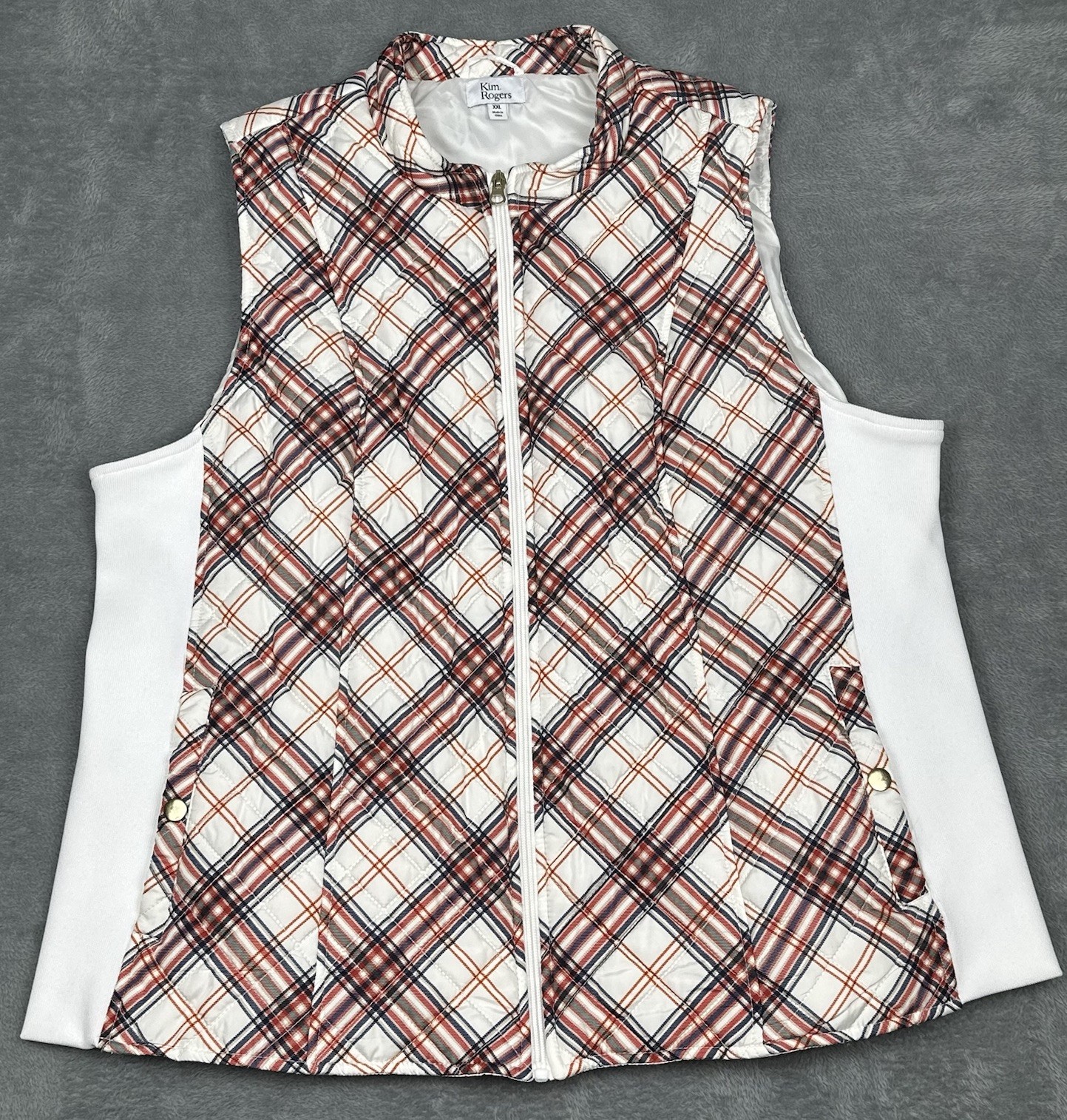 Kim Rogers Vest Womens XXL Multicolor Plaid Quilted Full Zip Side Ribbed Pockets