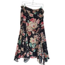 Vintage 90s Chaps Womens 16 Black Floral Midi Skirt Cottagecore Boho Prairie