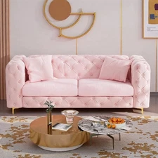 75" Mid Century Modern Velvet Sofa, Tufted Chesterfield Couch w/Armrests &Pillow