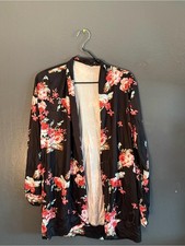 Black Floral Open-Front Kimono Jacket