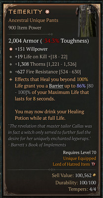   DIABLO 4 SEASON 13   Temerity   Unique Ancestral Pants   0-4 GA