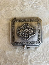 Antique Compact Pewter Ornate Design Powder Makeup Made in Taiwan No Scratches