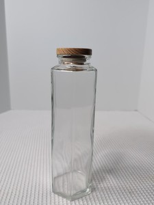 Vintage Clear Glass Hexagon Bottle Jar Storage Decor Round Wood Lid 10.5" Tall
