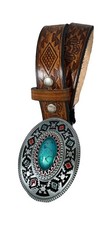 Western Handmade Leather Belt with Turquoise Native Southwestern Buckle