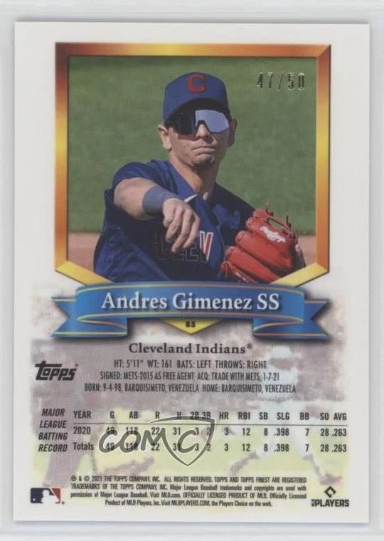 2021 Topps Finest Flashbacks Gold Refractor /50 Andres Gimenez #85 Rookie RC - Image 2 of 2