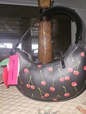 Betsey Johnson XONORTHY Black Faux Leather Shoulder Bag Red Cherry Print NWT $98