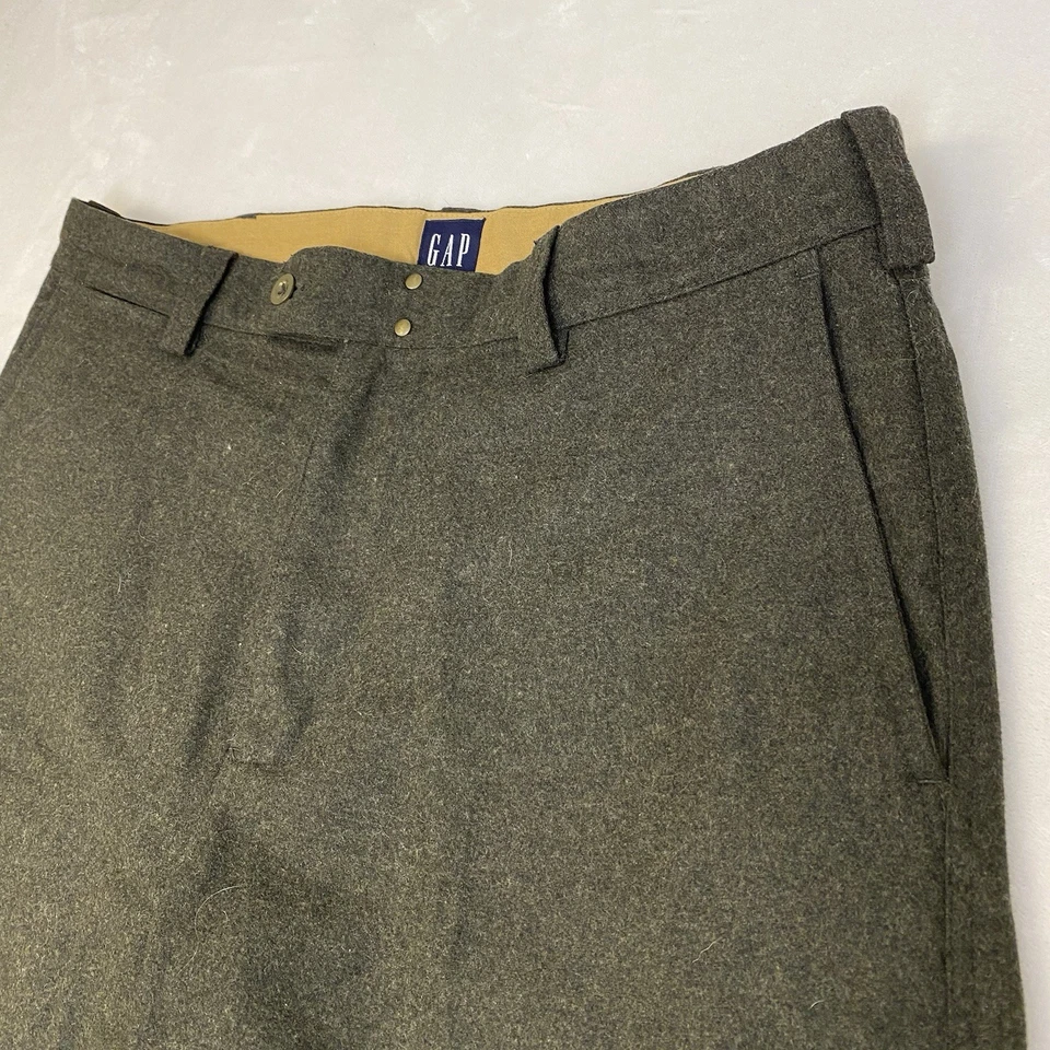 VTG Gap Pants Men 38x30 Grey Wool Tweed Military Wide Leg Trousers Infantry High - Image 3 of 4
