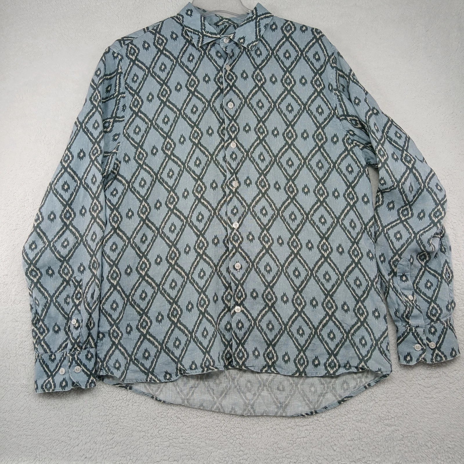 Mr. Mood 100% Linen Button Up Long Sleeve Shirt Blue Geometric