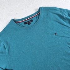 Tommy Hilfiger Men's L Teal Blue Crewneck Sweater 100  Cotton Flag Logo