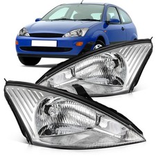 Fits 2000-2004 Ford Focus Headlight Assembly Chrome Housing Clear Lens Set